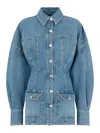 Attico Neutrals Denim Long Puffed Sleeves Mini Dress In Blue
