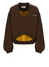 Attico Cropped V-neck Sweatshirt With Ribbed Cuffs And Hem In Brown