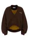 Attico Cropped V-neck Sweatshirt With Ribbed Cuffs And Hem In Brown