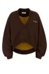 Attico Cropped V-neck Sweatshirt With Ribbed Cuffs And Hem In Brown