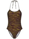 Attico Green Swimsuit With Halterneck With Tie And All-over Print In Tech Fabric Stretch Woman
