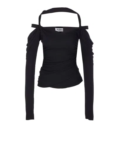 Attico Asymmetrical Off-the-shoulder Ruched Detailing Top In Black