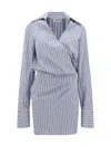 Attico Mini Striped Dress With V-neck, Long Sleeves, White And Navy Blue Cotton, Tied Waist In Blue
