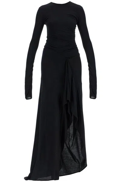 Attico Long Draped T-shirt Maxi Dress With Pleats In Black