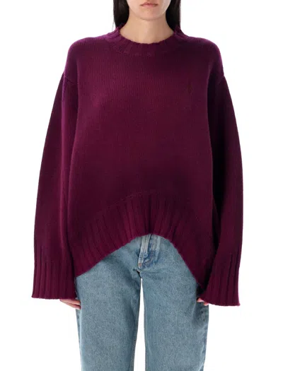 Attico Wool Crewneck Sweater With Asymmetric Flared Hem In Purple