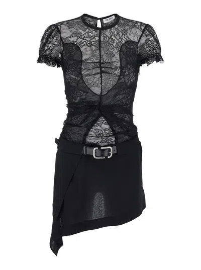 Attico The  Wool Crepe And Lace Midi Dress In Black