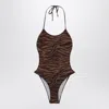 Attico Zebra Printed One Piece Swimsuit In Brown