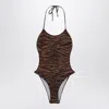 ATTICO THE ATTICO ZEBRA ONE-PIECE SWIMSUIT IN KHAKI/BROWN