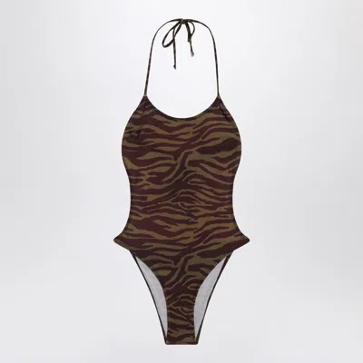 ATTICO THE ATTICO ZEBRA ONE-PIECE SWIMSUIT IN KHAKI/BROWN