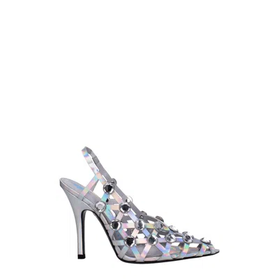 Attico 105mm Grid Laminated Leather Slingbacks In Holographic Silver