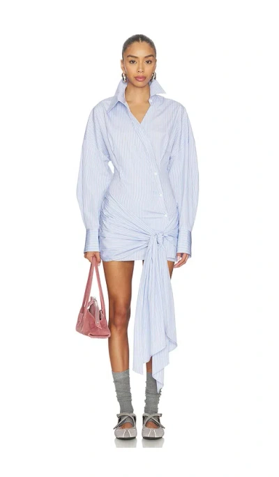 Attico Knotted Striped Cotton-poplin Mini Dress In Blue