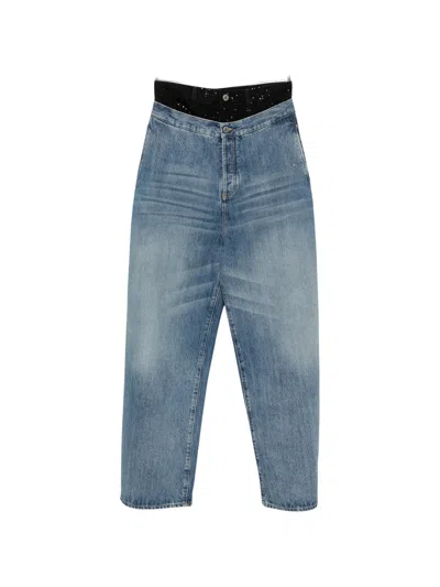 Attico Wide Leg Denim Trousers Embellished Waistband In Blue