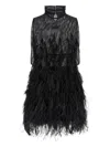 Attico Feathered High Neck Dress With Sheer Overlay In Black