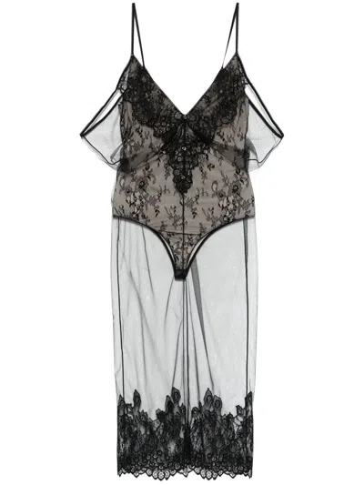 Attico Tulle-overlay Midi Dress In Black
