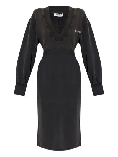 Attico V-neck Balloon-sleeve Midi Dress In Gray