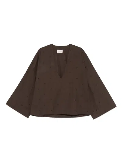 Attico Embroidered Cotton-blend Poplin Blouse In Brown