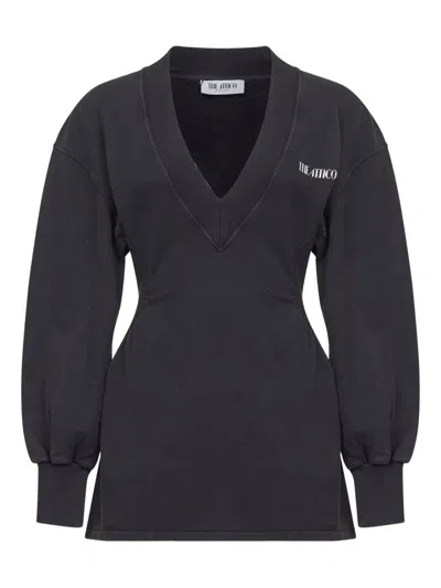 Attico V-neck Mini Dress With Embossed Logo In Black