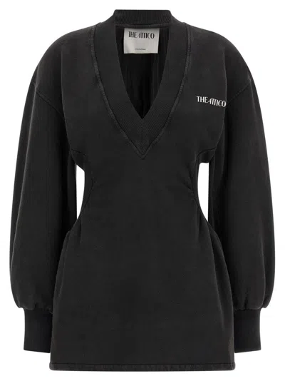ATTICO V-NECK MINI DRESS WITH EMBOSSED LOGO