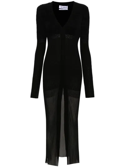 Attico V-neck Ribbed Midi Dress In Black