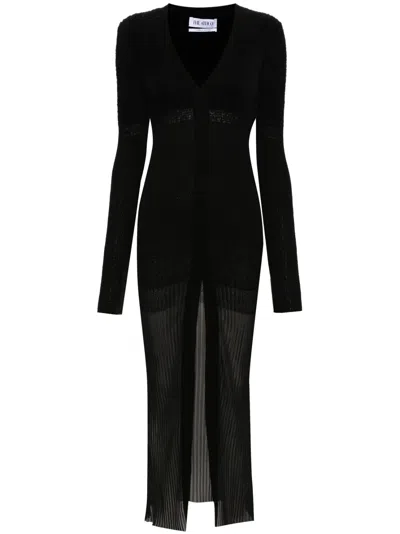 Attico V-neck Midi Knitted Dress In Mohair Blend In Black