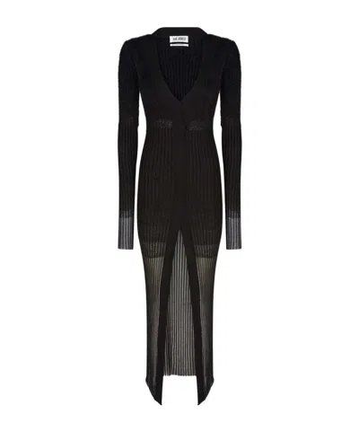 Attico V-neck Ribbed Midi Dress In Black