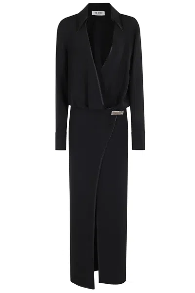 Attico V-neck Slit Midi Dress With Satin Piping In Black