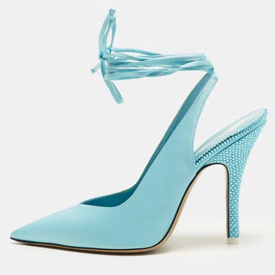 Pre-owned Attico Venus Crystal Embellished Size 38 Blue Satin Ankle Wrap Pumps