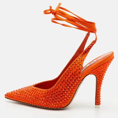 Pre-owned Attico Venus Size 37 Orange Fabric Crystal Embellished Ankle Tie Pumps