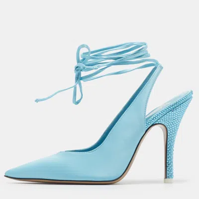 Pre-owned Attico Venus Size 37.5 Light Blue Satin Ankle Tie Pumps