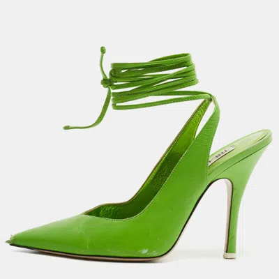 Pre-owned Attico Venus Size 38 Green Leather Pointed Toe Ankle Tie Pumps