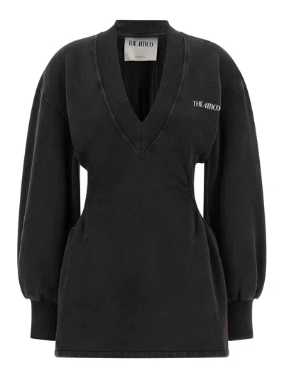 Attico Washed-effect Black Mini Dress With Logo In Gray