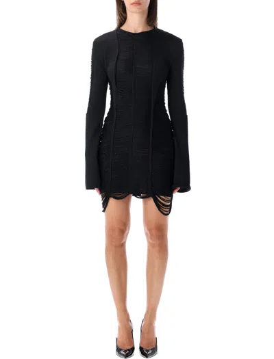 Attico Viscose Sheer Fringed Long-sleeve Mini Dress In Black