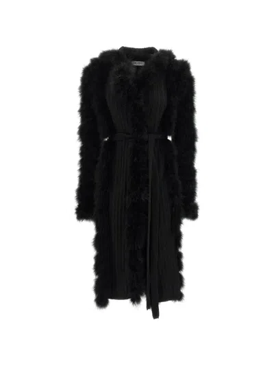 Attico Knitted Coat With Belt And Feather-effect Trim In Black