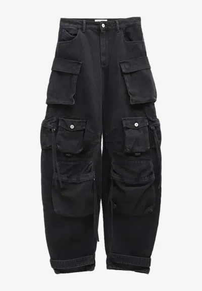 Attico Washed Denim Cargo Pants In Black