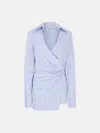 Attico Mini Striped Dress With V-neck, Long Sleeves, White And Navy Blue Cotton, Tied Waist In White/navy Blue