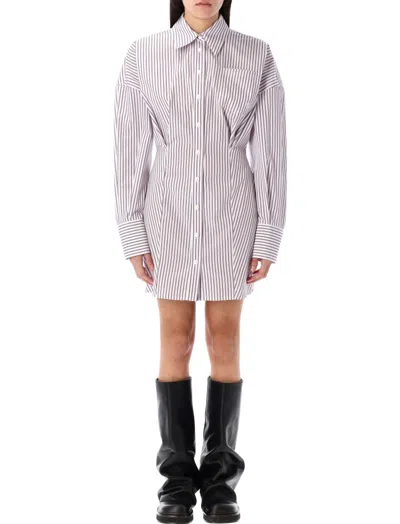 ATTICO WHITE PURPLE STRIPED MINI SHIRT DRESS