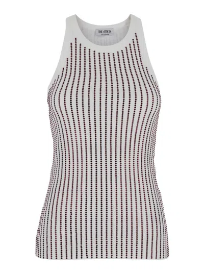 Attico White Tank Top With Multicolor Rhinestone In Jersey