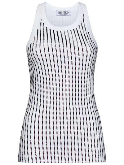Attico White Tank Top With Multicolor Rhinestone In Jersey Woman