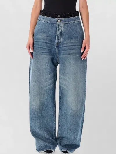 Attico Wide Leg Denim Trousers Embellished Waistband In Blue