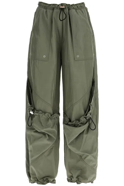 Attico Wide Leg High-waisted Pants With Adjustable Elastic In Military Green