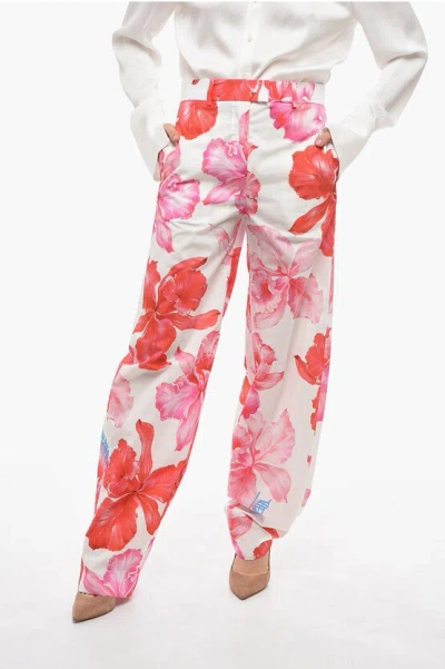 Attico Wide Leg High-waisted Pants With Floral Print In White