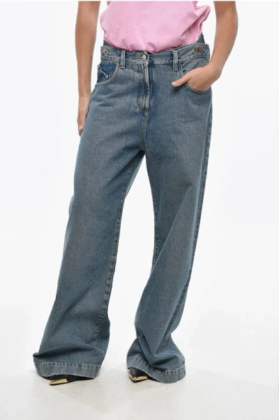 Attico Wide Leg Jeans With Logo Button 32cm In Blue