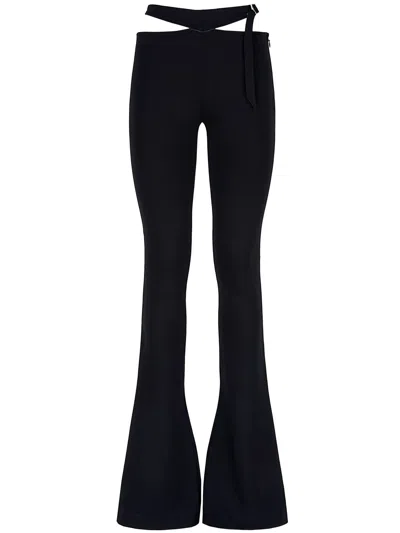 ATTICO WOMEN'S BLACK LONG PANTS WITH METAL LOGO BUCKLE AND SIDE ZIP CLOSURE