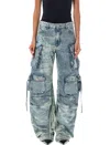 Attico Fern Cargo Denim Pants In Blue Bleached