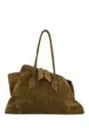 Attico La Passeggiata Small Green Shoulder Bag With Tubular Handles And Impressed Logo On The Front In Sued In Khaki