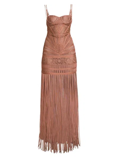 Attico Women's Macramé Bustier Fringe Gown In Brown