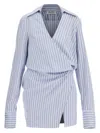 Attico Mini Striped Dress With V-neck, Long Sleeves, White And Navy Blue Cotton, Tied Waist In Light Blue