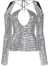 Attico Zane Sequin Cutout Long-sleeve Halter Top In Silver