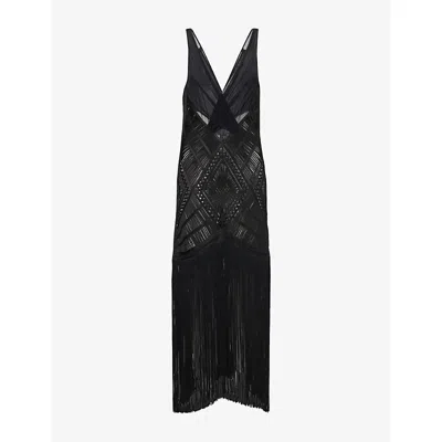 Attico Womens Fringed Embroidered Woven Midi Dress Black