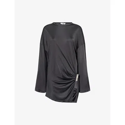 Attico Womens Ruched Long-sleeves Woven Mini Dress Dark Grey In Gray